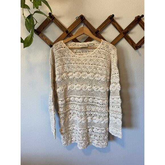 Vintage Copper Key Sweater Cotton Boho Open Crochet Pullover Sweater Tunic S - Picture 1 of 6